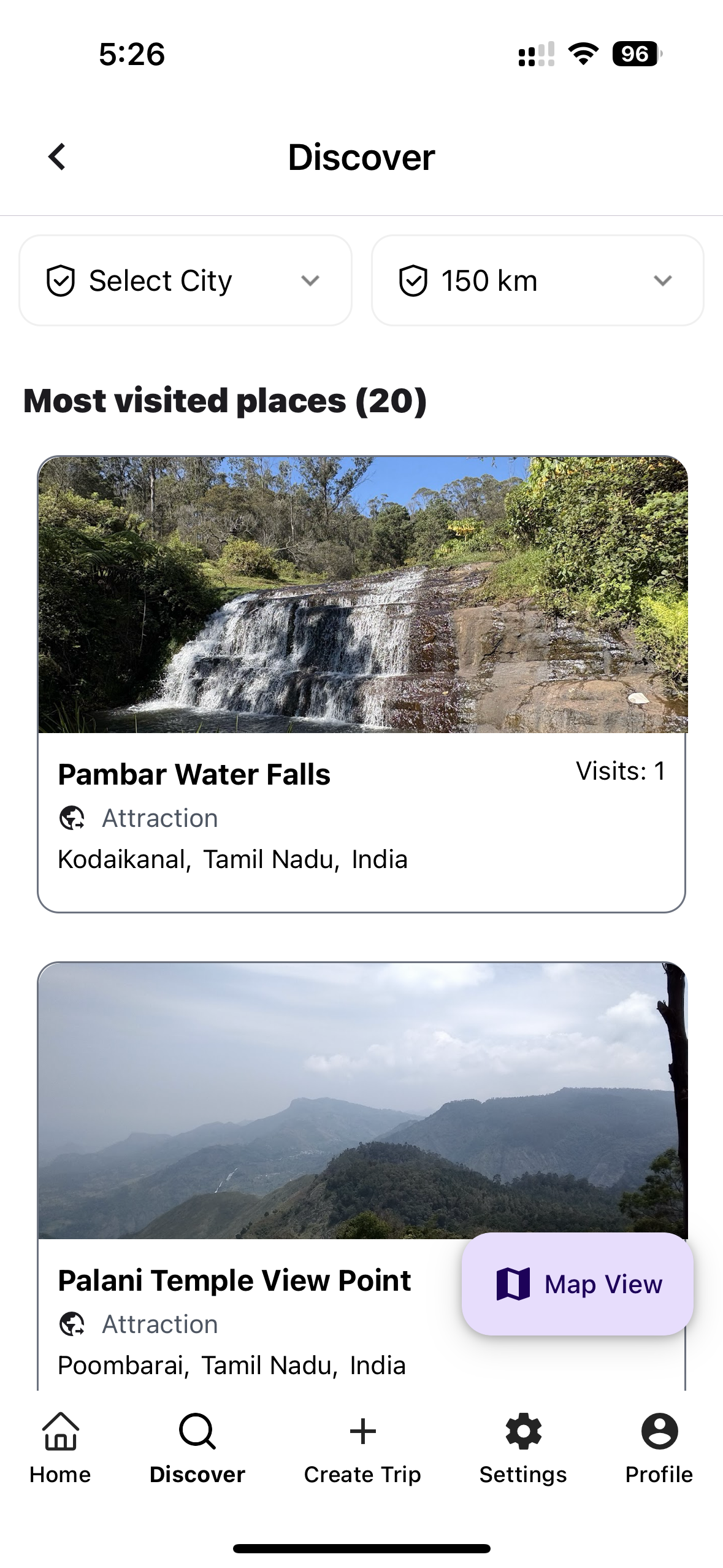 Discover screen listing most visited places with city and radius filters