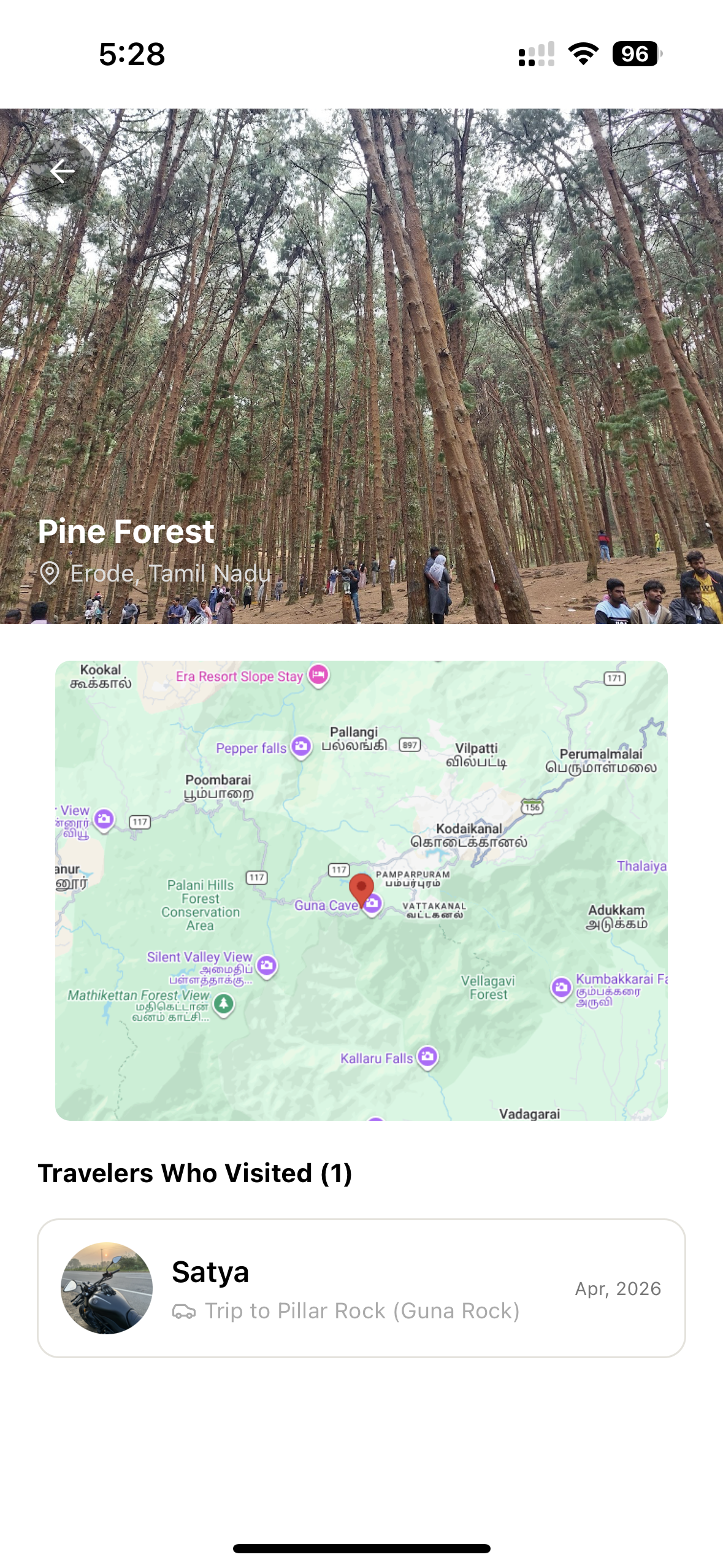 Place detail screen for Pine Forest, Erode, with map and travellers who visited