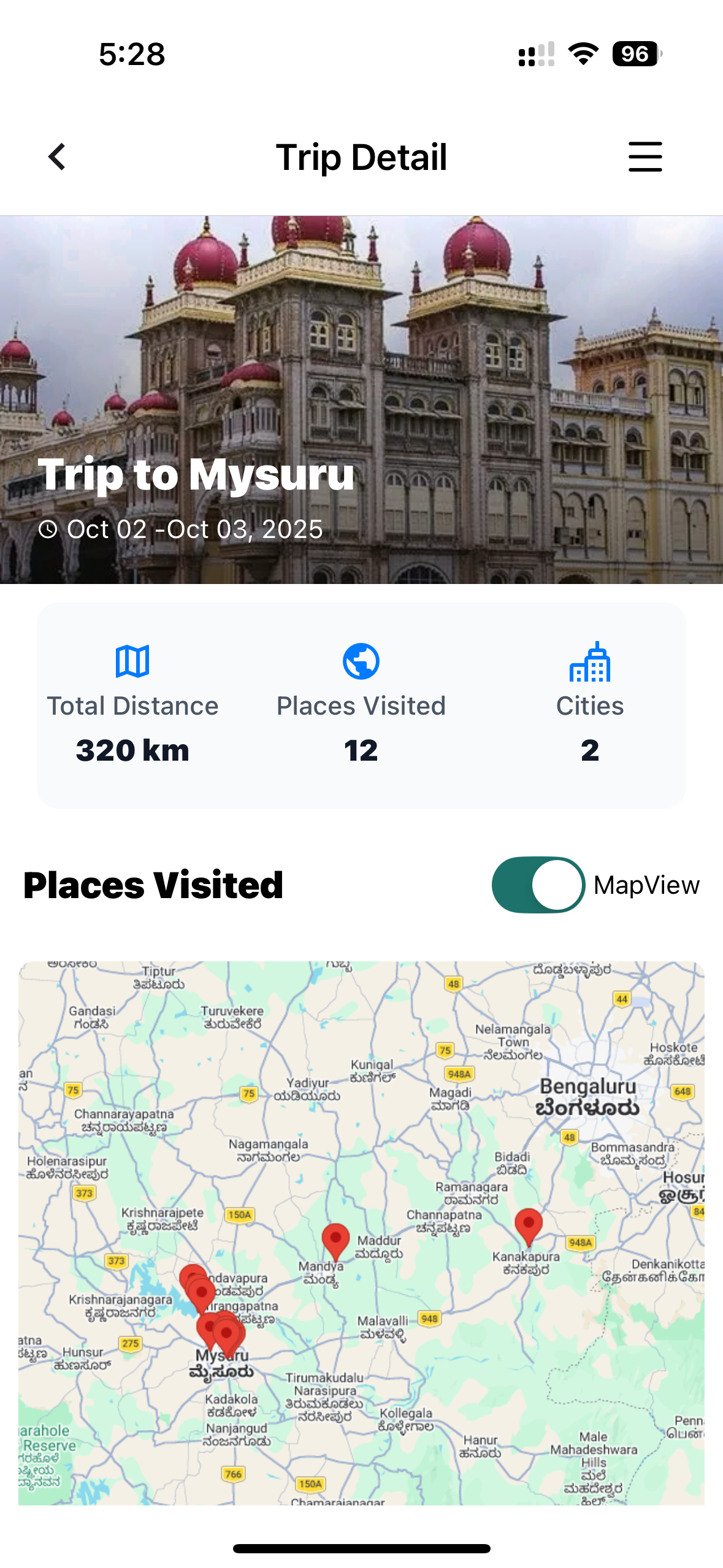 Trip detail screen showing Trip to Mysuru with 320 km, 12 places visited and 2 cities